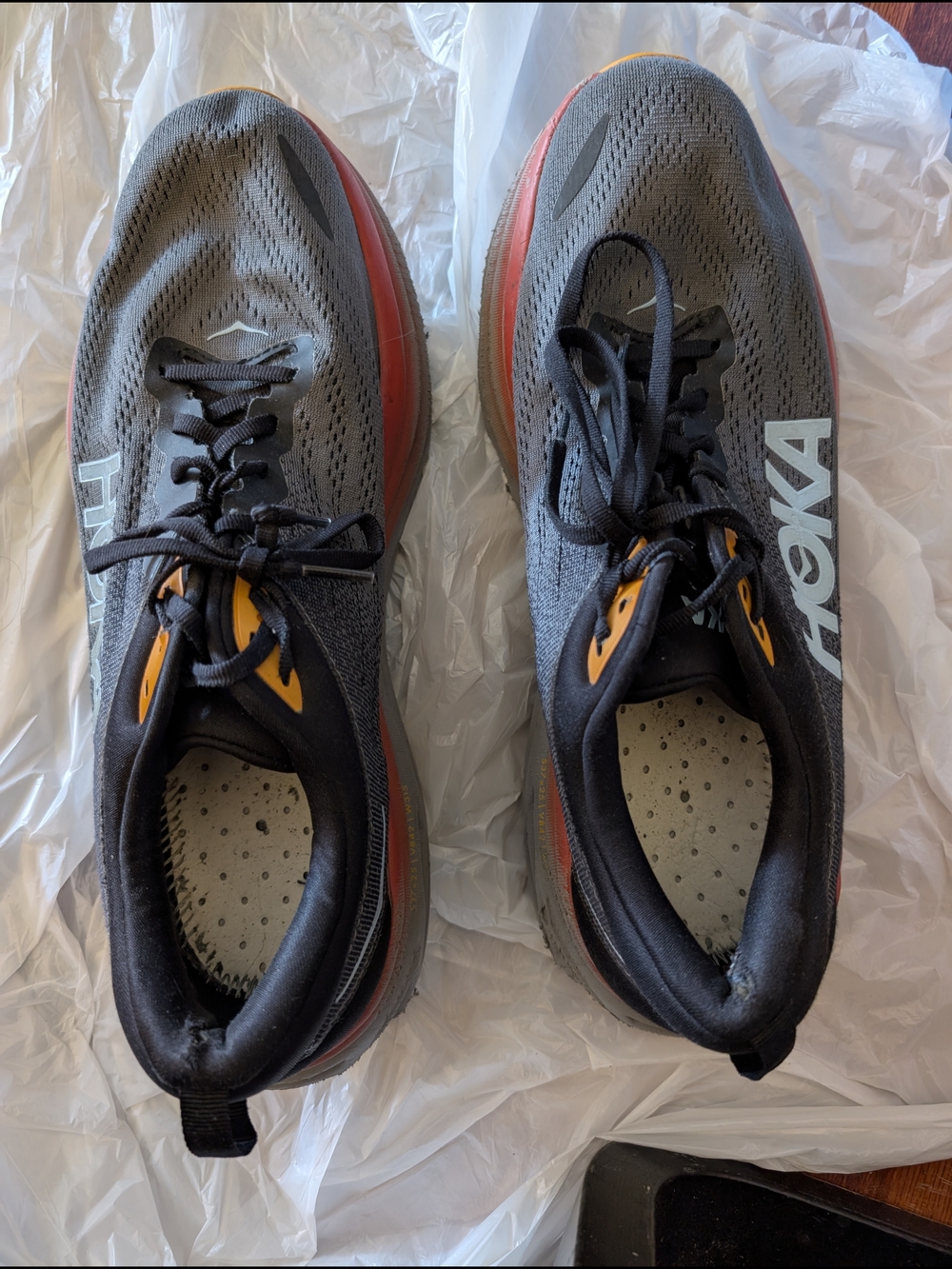 Hoka Bondi 8 Men's Size 12D Athletic Shoes in Gray with Red and Yellow Accents